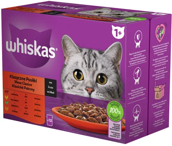 WHISKAS Classic Mix plicuri pisici Adulte, cu Miel/Vită/Pui/Pasăre în sos 12x85g